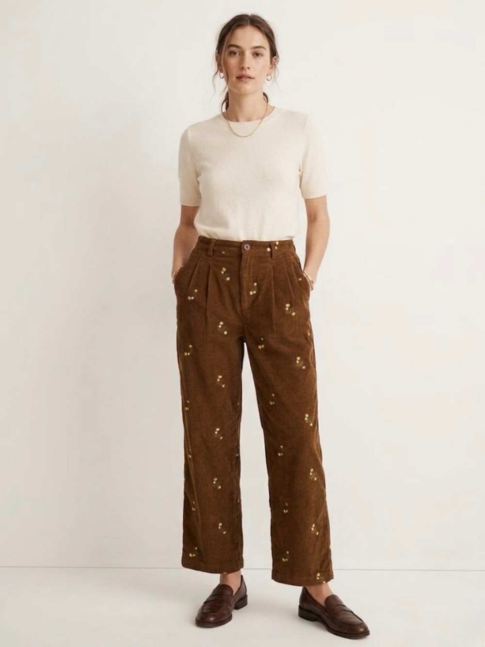 Brown Floral Embroidered Corduroy Pants